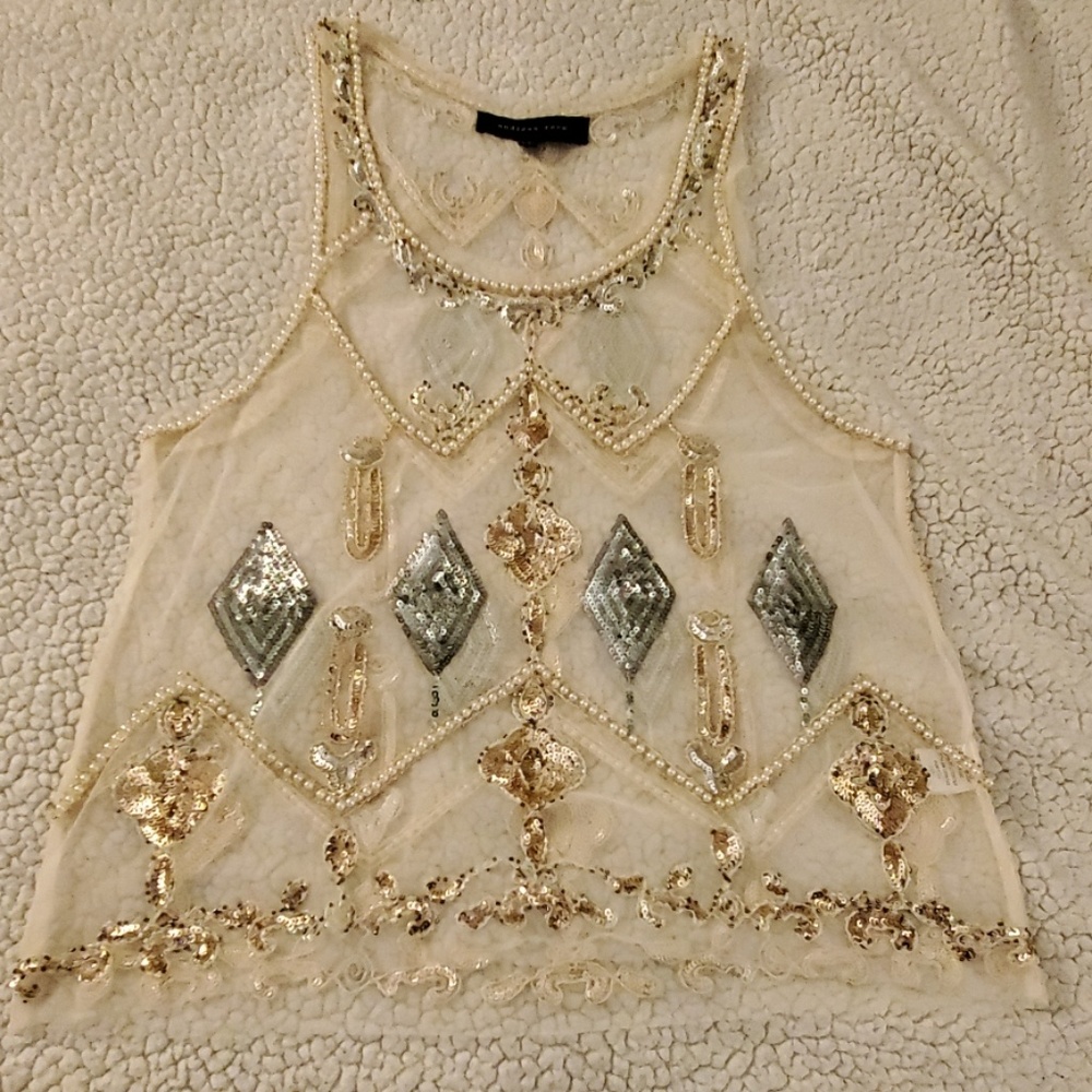 Beautiful ivory sequin and pearl sheer tank, sz L